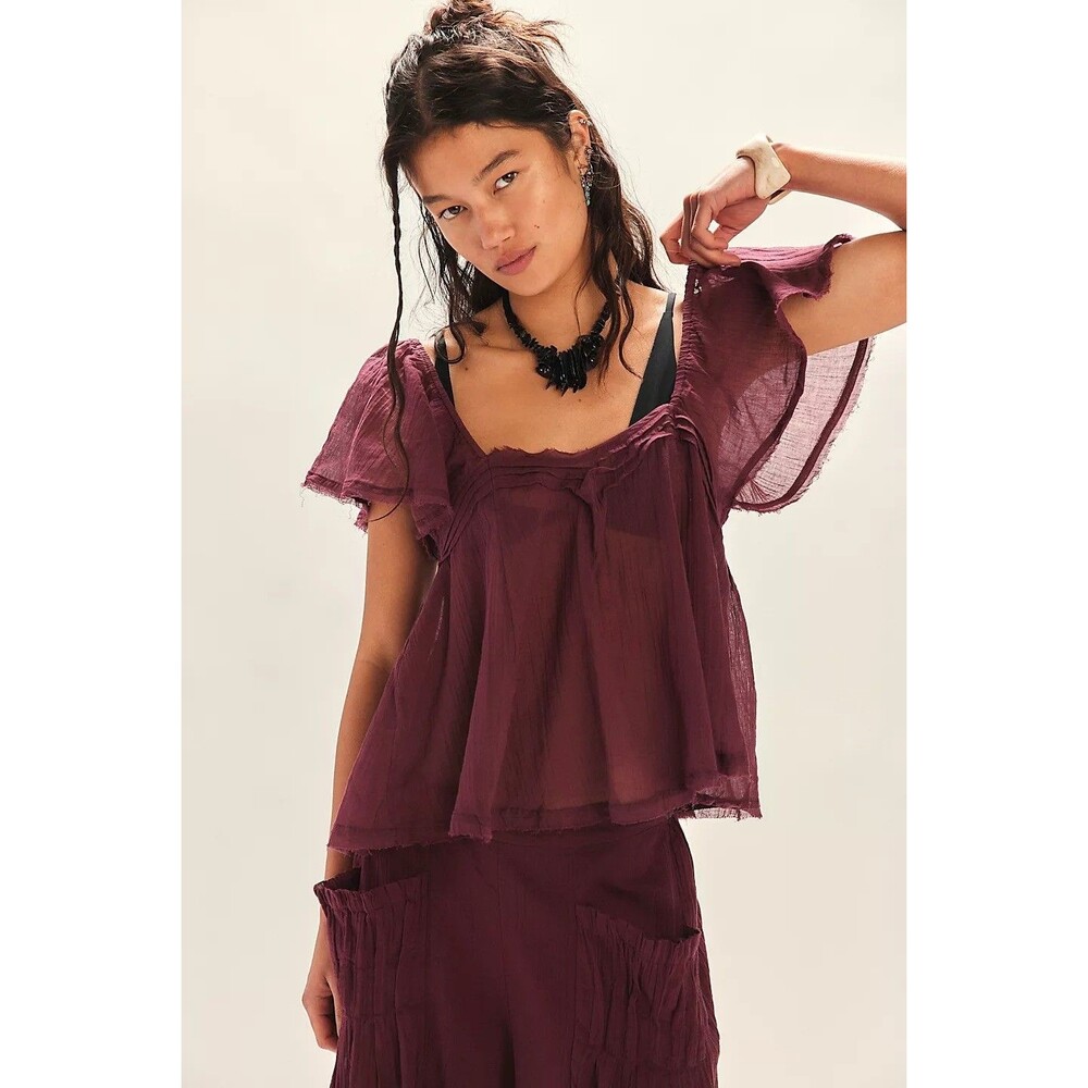Free People Free-est  Skye Blouse Top Sheer Crinkled Smocked Cotton S NWD 281267